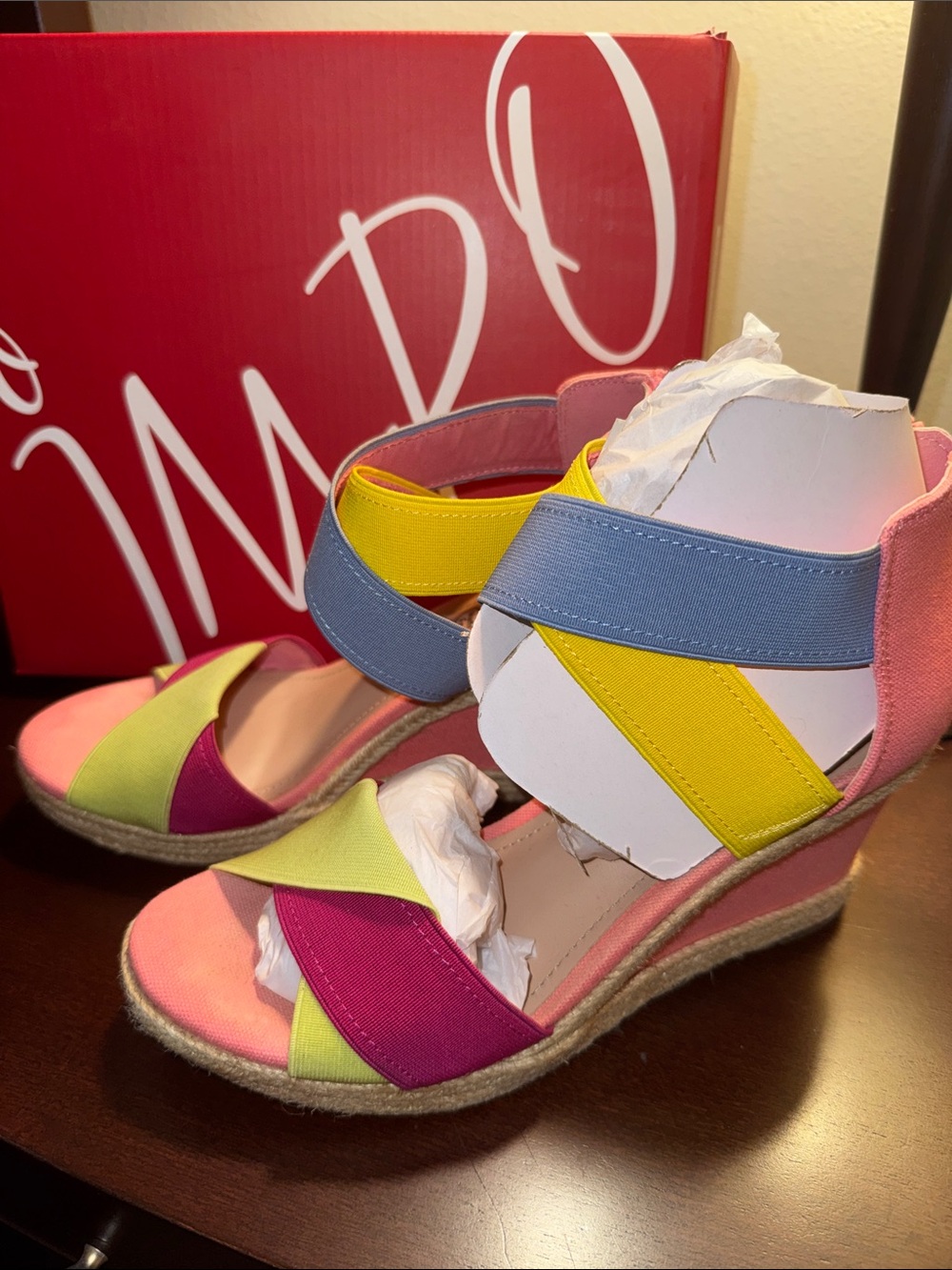 Impo Multicolor Elastic Strap Wedge Sandals - Pink, Yellow & Blue